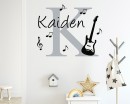 Initial & Name Wall Decal with Guitar and Music Notes For Nursery